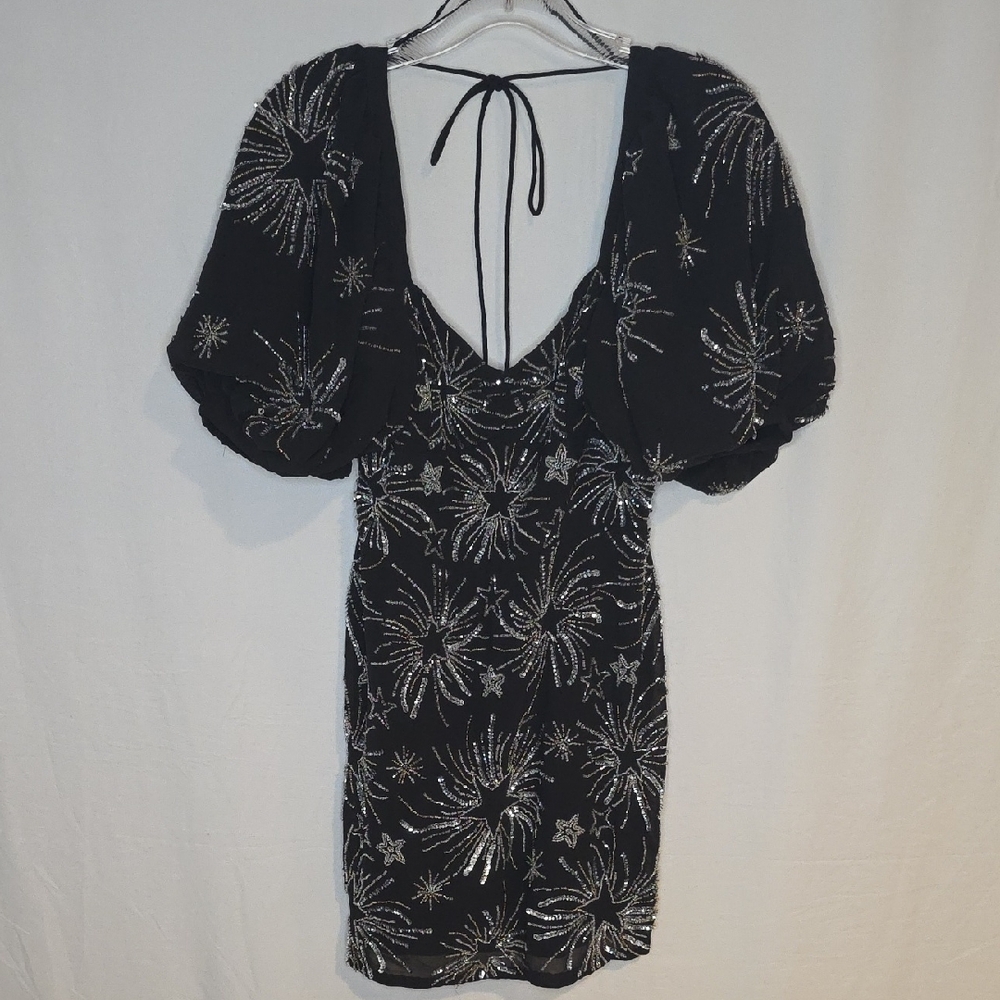 Silver Starburst Beaded Dress With Puff Sleeves